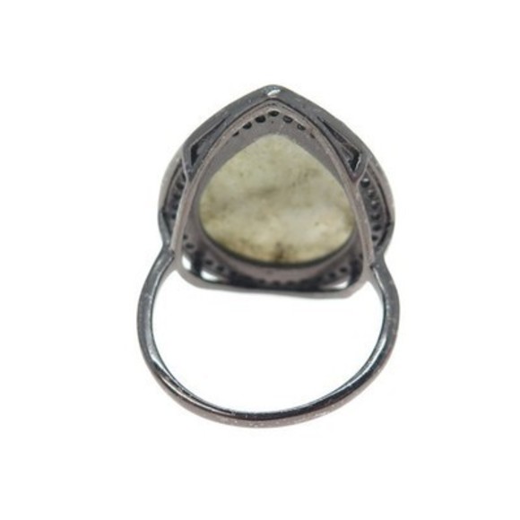925 Sterling Silver Black Rhodium Real Labradorite & C Z Teardrop Ring Size 9.25 - Picture 5 of 8